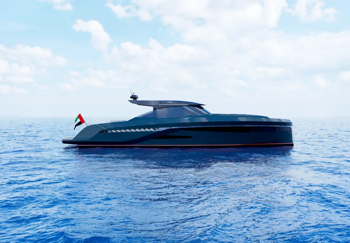 Render of the Bekkers Carib 64HT at sea