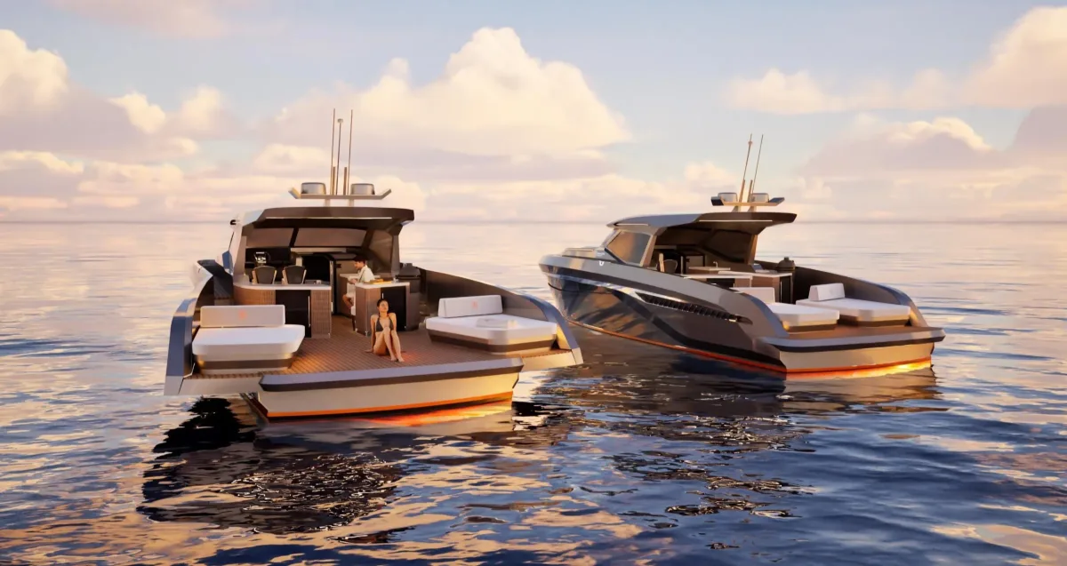 Two Bekkers Beachclub 40 yachts at sunset, one with the beach club wings unfolded