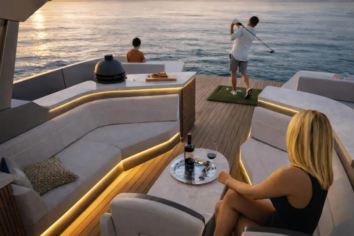 Evening on the Beachclub 40: lounge seating, kamado grill and a golf swing from the beach club deck