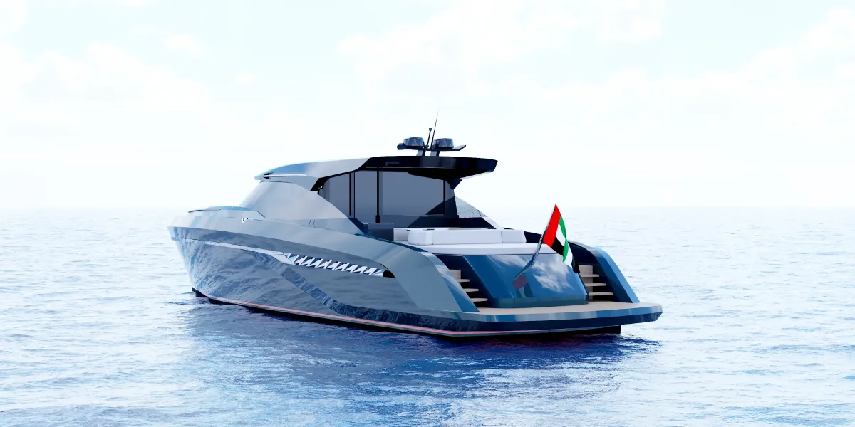 Render of the Carib 64HT at sea, three-quarter stern view