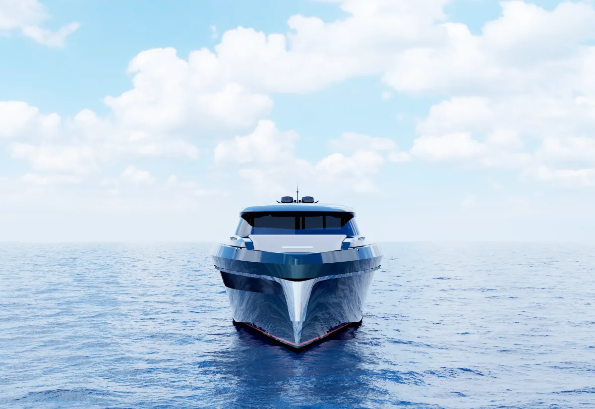 Render of the Bekkers Carib 64HT bow-on at sea