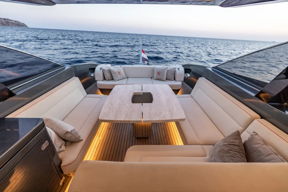 Dining area looking aft at sunset