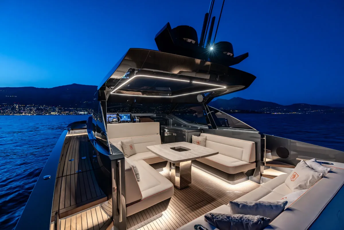 Cockpit lit at night off Monaco